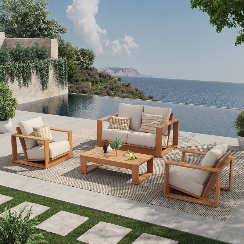 Outdoor Conversation Set 4-Piece Eucalyptus Wood Sofa Weather‑resistant Rope Weave Loveseat with Coffee Table - Natural & Beige