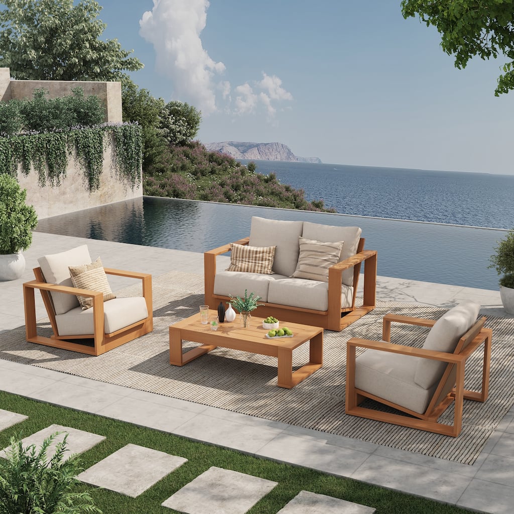 Outdoor Conversation Set 4-Piece Eucalyptus Wood Sofa Weather‑resistant Rope Weave Loveseat with Coffee Table