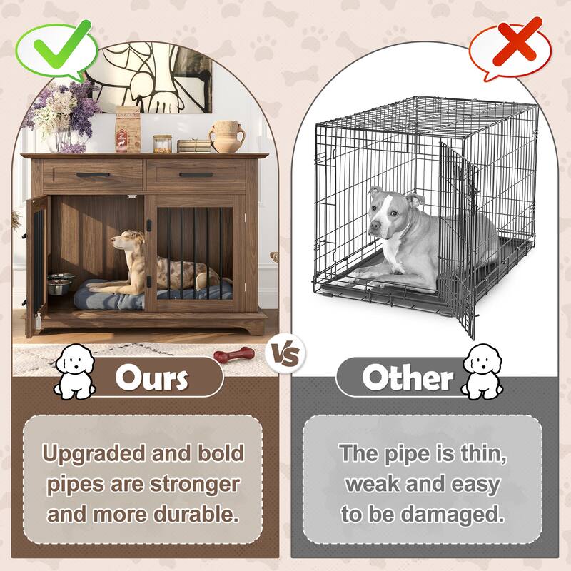 2 Doors Decorative Pet Cage Dog House with 2 Storage Drawers and Rotating Bowls, Wooden Large Dog Crate Furniture