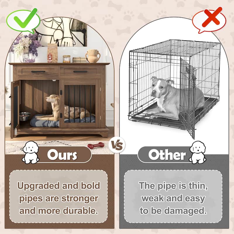 Rossetta 4-Lock Large Indoor Wooden Dog Chew-Resistant Build Dog Crate Furniture with Storage Drawers, Rotatable Dog Bowls