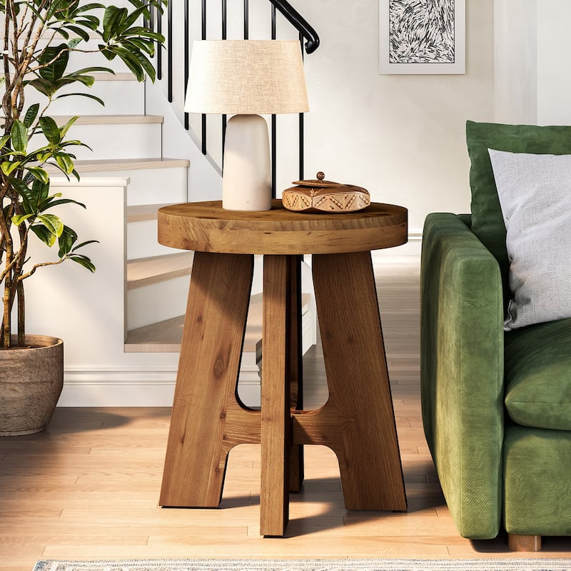 Round Solid Wood End Table, Couch Side Bedside Accent Table for Bedroom Living Room