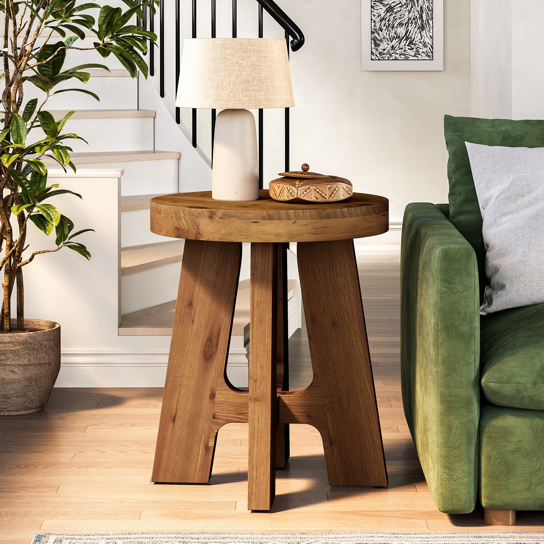 Solid Wood Round End Table, Farmhouse Small Round Side Table