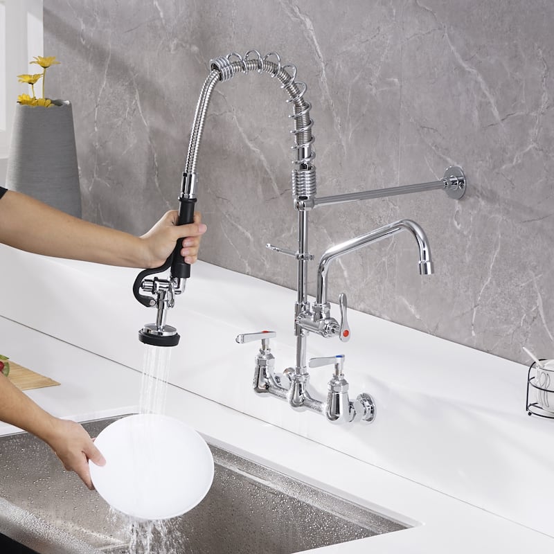 PROOX Wall Mount 25" Commercial Kitchen Faucet with Pre-Rinse Sprayer - 25