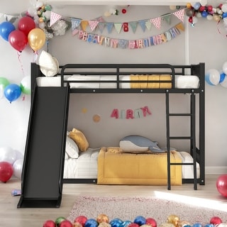 Twin over Twin Metal Bunk Bed with Slide,Slats For Strong Support,No Box Spring Needed,Perfect Mattress Foundation,Black