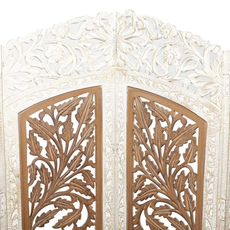 Mango Wood Floral Handmade Foldable Arched Partition 4 Panel Room Divider Screen - Brown - Roche River Decor