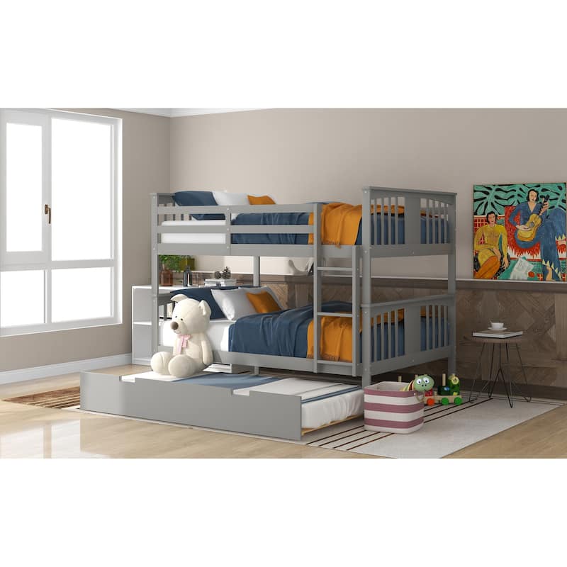 Full Pine Bunk Bed with Trundle and Ladder, Convertible to Two Beds
