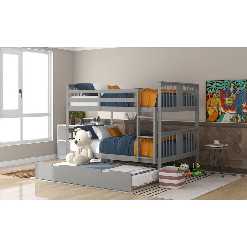 Full over Full Bunk Bed with Twin Trundle, Ladder & Slats - Gray/White/Espresso, Converts to 2 Beds