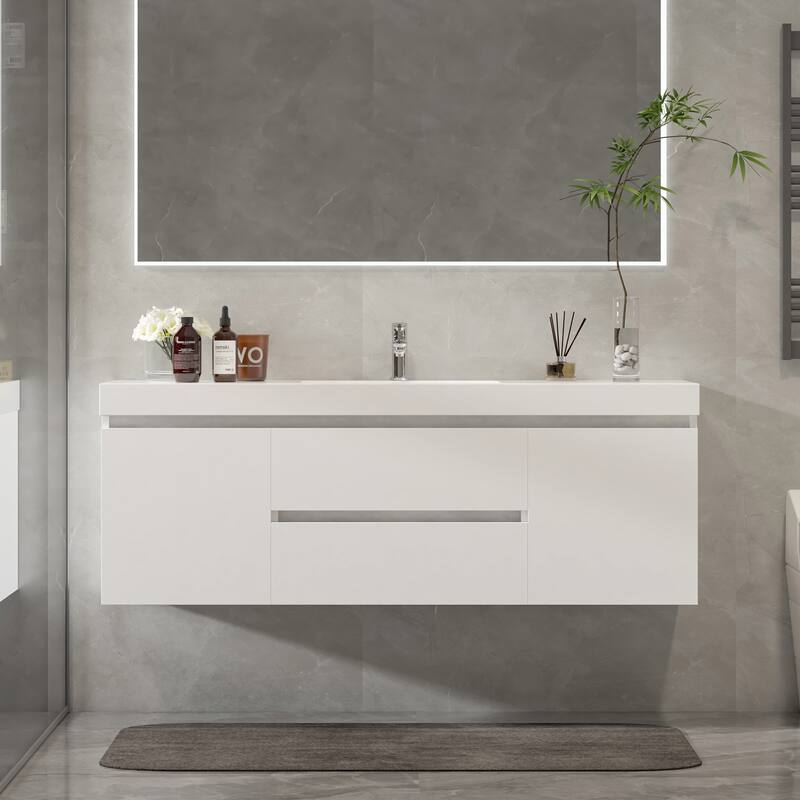 Vanity Art 48-Inch Single Sink Wall-Hung Bathroom Vanity Set White Stone Top Glossy Finish 2 Drawers 4 shelves - Glossy