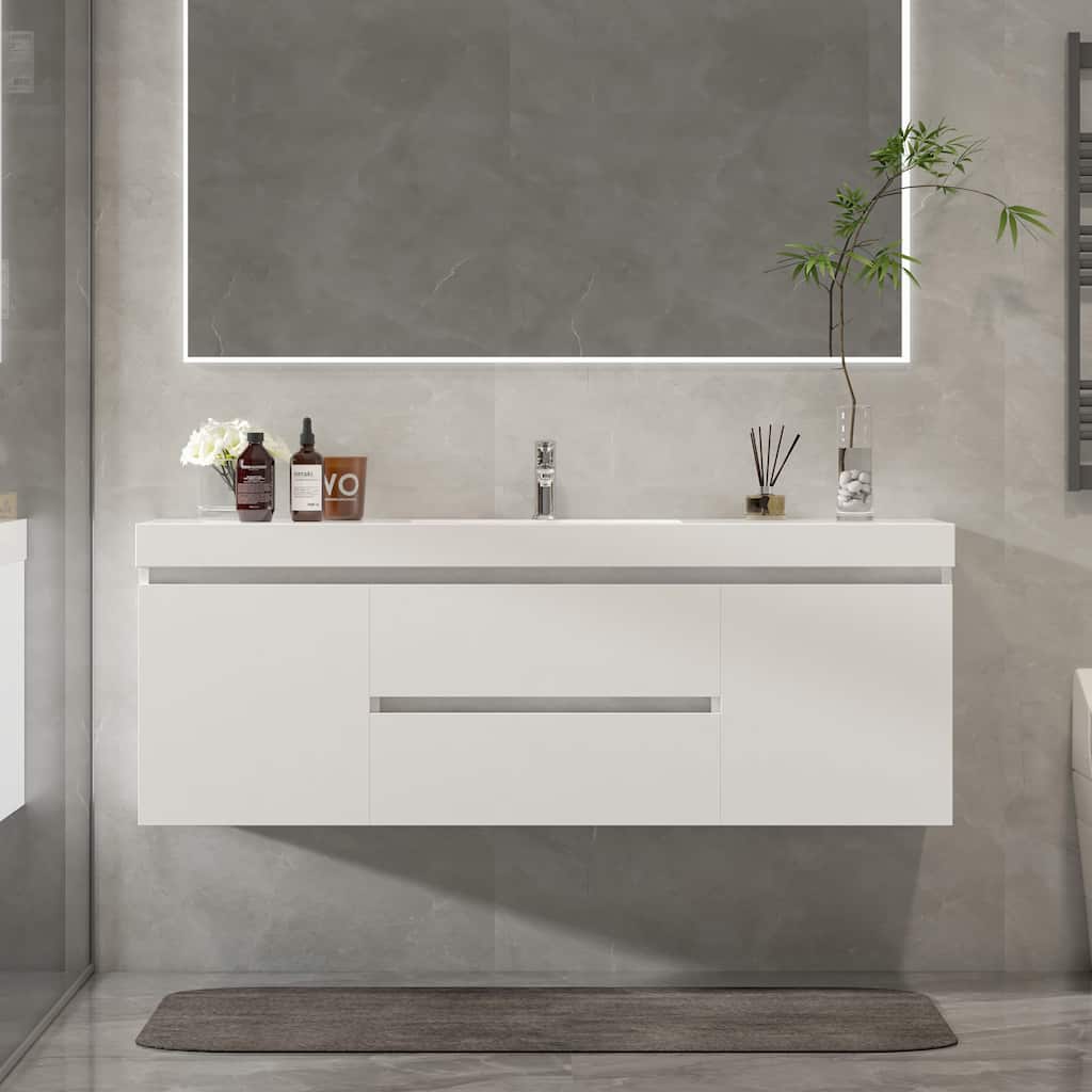 Vanity Art 48-Inch Single Sink Wall-Hung Bathroom Vanity Set White Stone Top Glossy Finish 2 Drawers 4 shelves