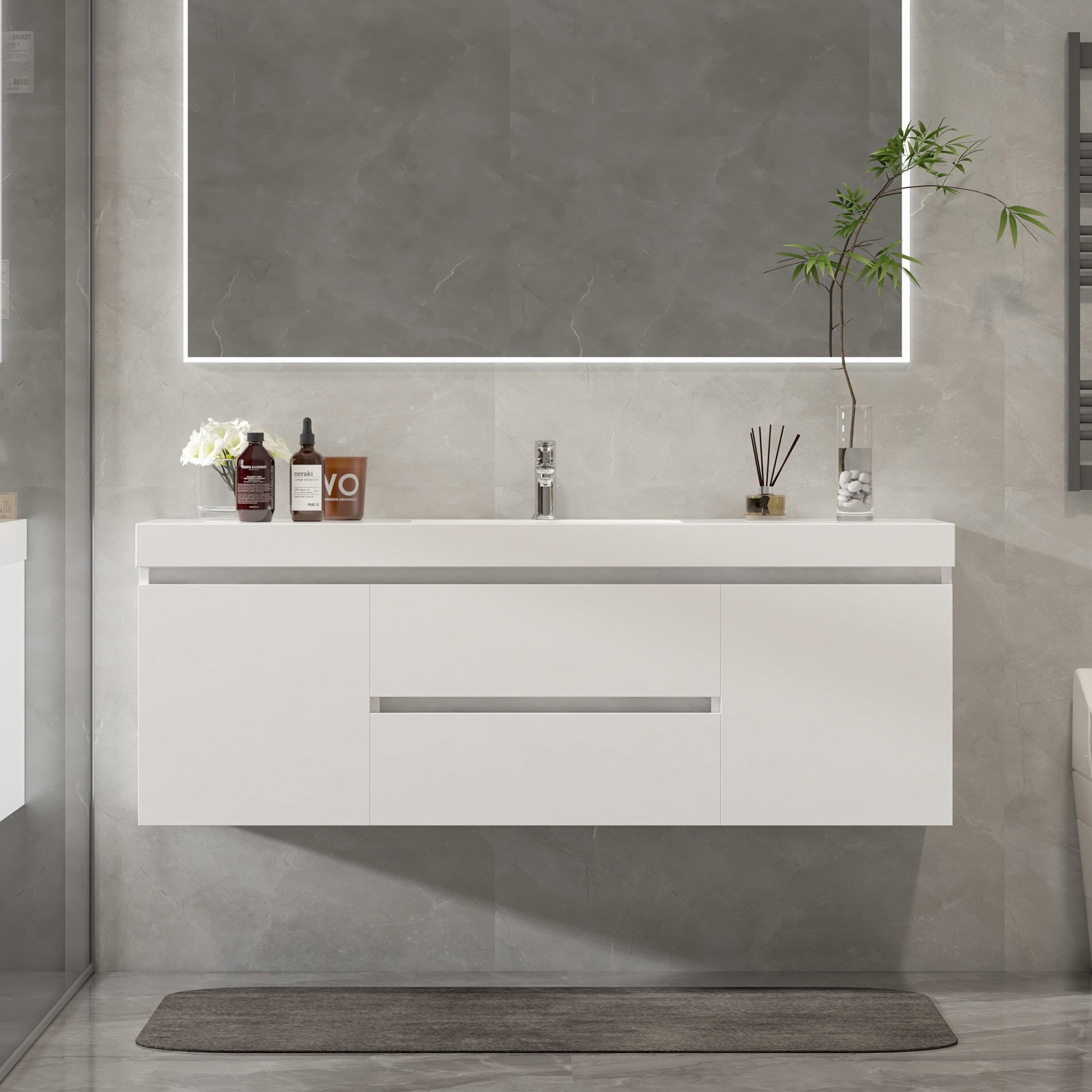 Vanity Art 48-Inch Single Sink Wall-Hung Bathroom Vanity Set White Stone Top Glossy Finish 2 Drawers 4 shelves