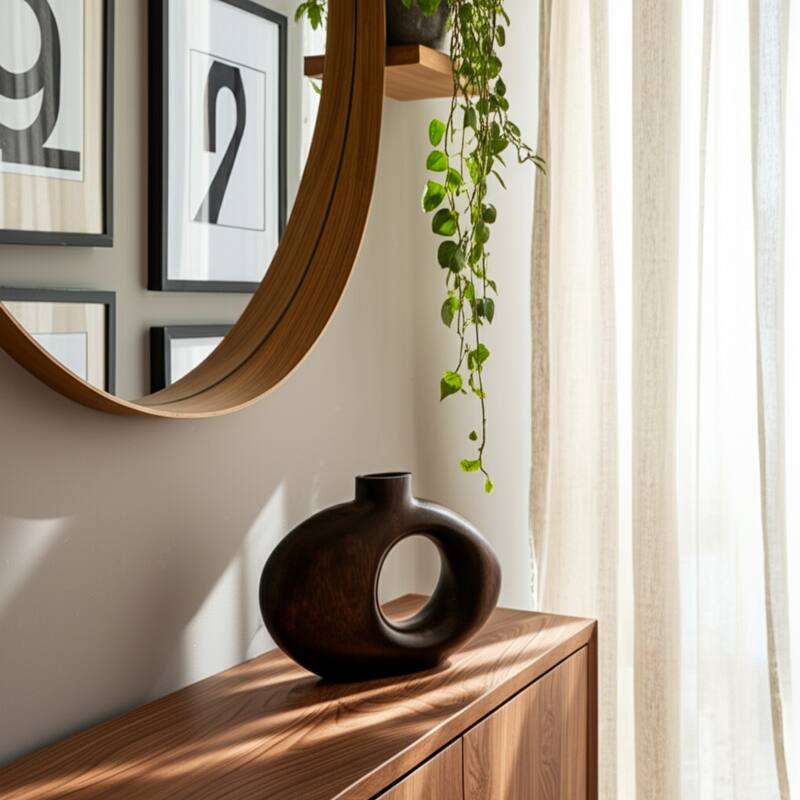 Mango Wood Modern Vase with Round Cutout Silhouette Minimalist Design