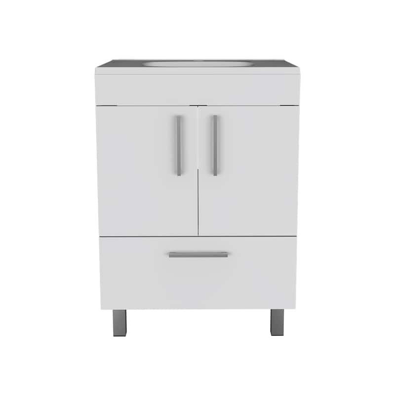 HomeRoots 24" White Wood Freestanding Double Door Bathroom Vanity With Sink - 23.62 in. x 33.46 in. x 17.71 in.