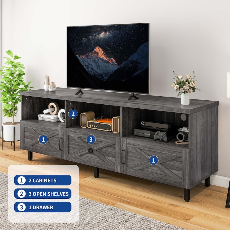 Moasis Farmhouse TV Stand for TVs up to 70" w/ Storage Shelves, Entertainment Center Media Console with Drawer