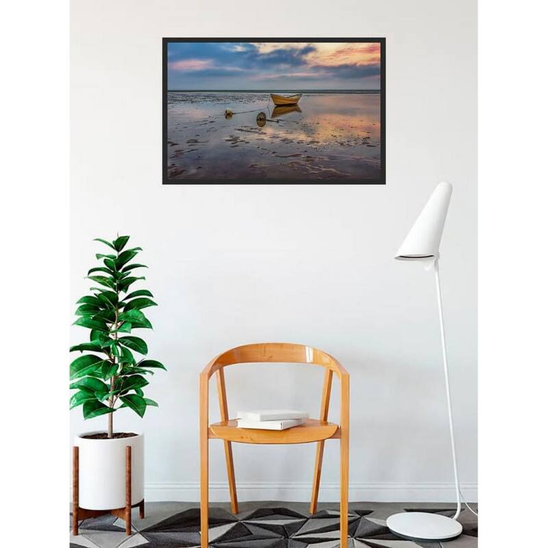Yellow Dory Boat Waiting for High Tide Reflection Photography by Wayne Collamore Framed Poster - 24 x 36 Inch