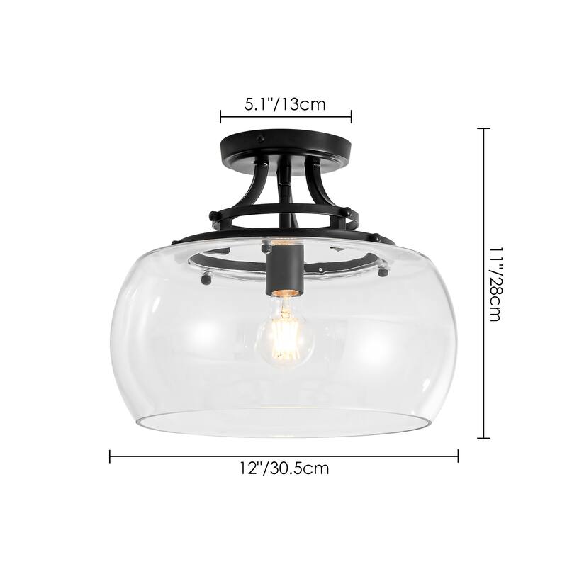 1-Light 13.8" W Modern Schoolhouse Matte Black Semi-Flush Mount Ceiling Light with Clear Dome Glass Shade for Bedroom
