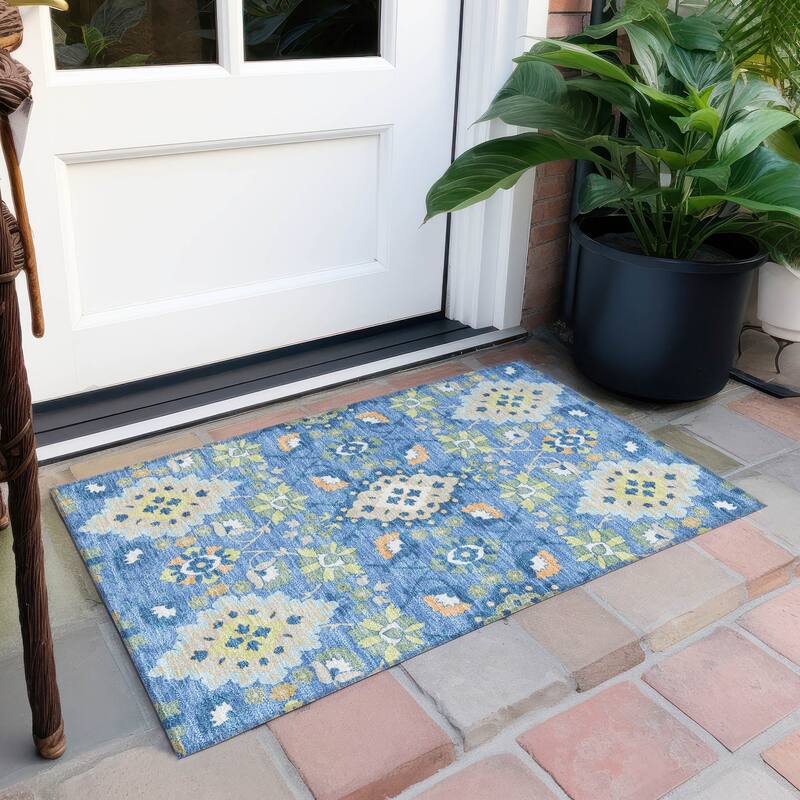 Machine Washable Indoor/ Outdoor Boho Traditional Chantille Rug - Blue - 1'8" x 2'6"