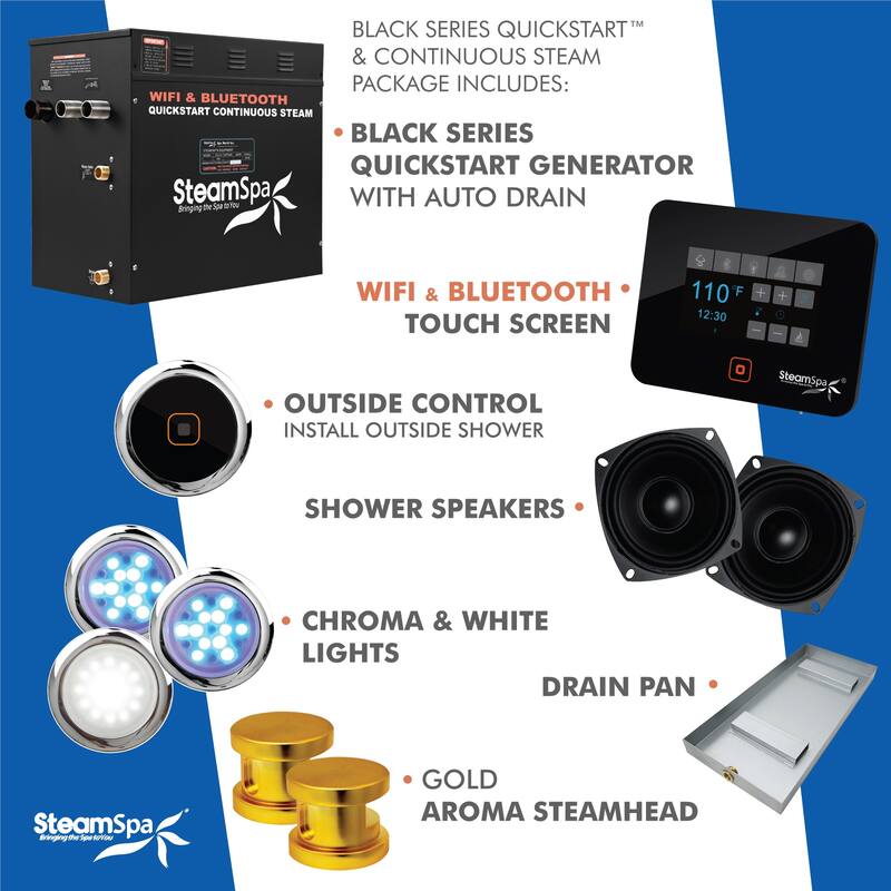 Black Series WiFi and Bluetooth 12kW QuickStart Steam Bath Generator Package with Dual Aroma Pump in Gold