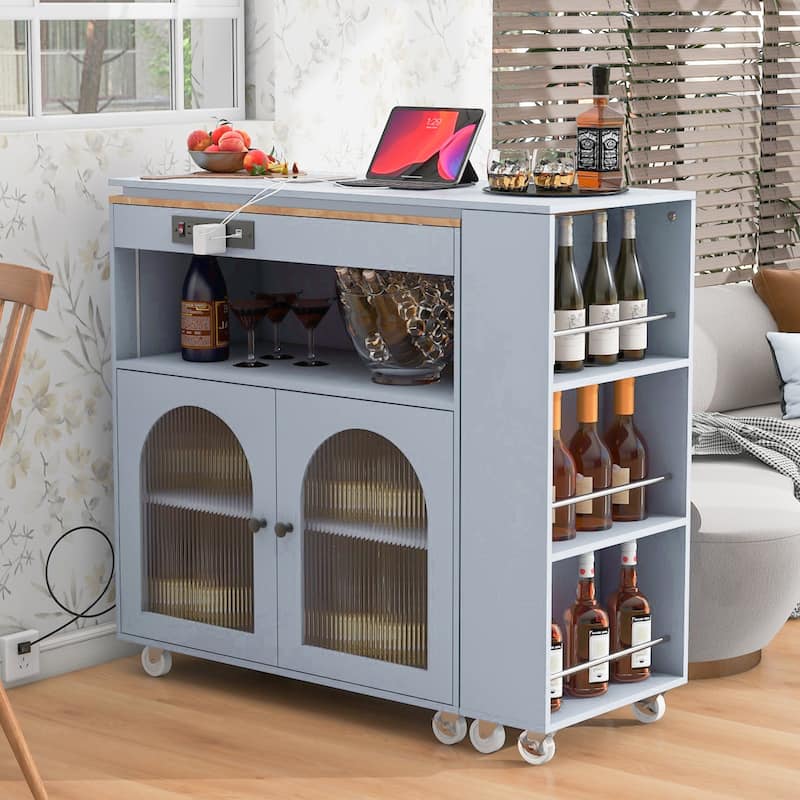 Rubberwood Kitchen Cart with Drop Leaf, Extended Table, 2 Fluted Glass Doors, LED Light and Power Outlet