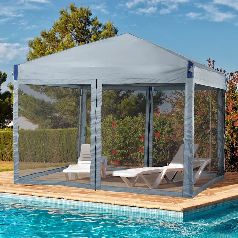 Aoodor 10'x10' Pop Up Canopy Tent with Removable Mesh Sidewalls, Portable Instant Shade Canopy with Roller Bag - Grey