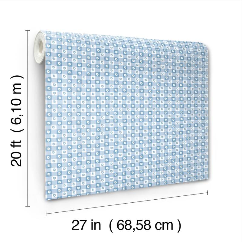 Rifle Paper Co. Daisy Gingham Blue Floral Check Premium Peel + Stick Wallpaper