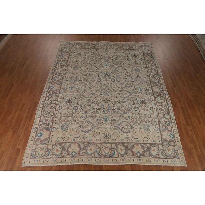 Floral Tabriz Persian Area Rug Distressed Handmade Wool Carpet - 8'8"x 11'5"