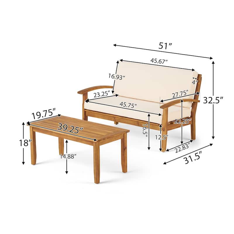 Acacia Wood Loveseat with Coffee Table Set 51W Outdoor Patio Water Resistant Cushions