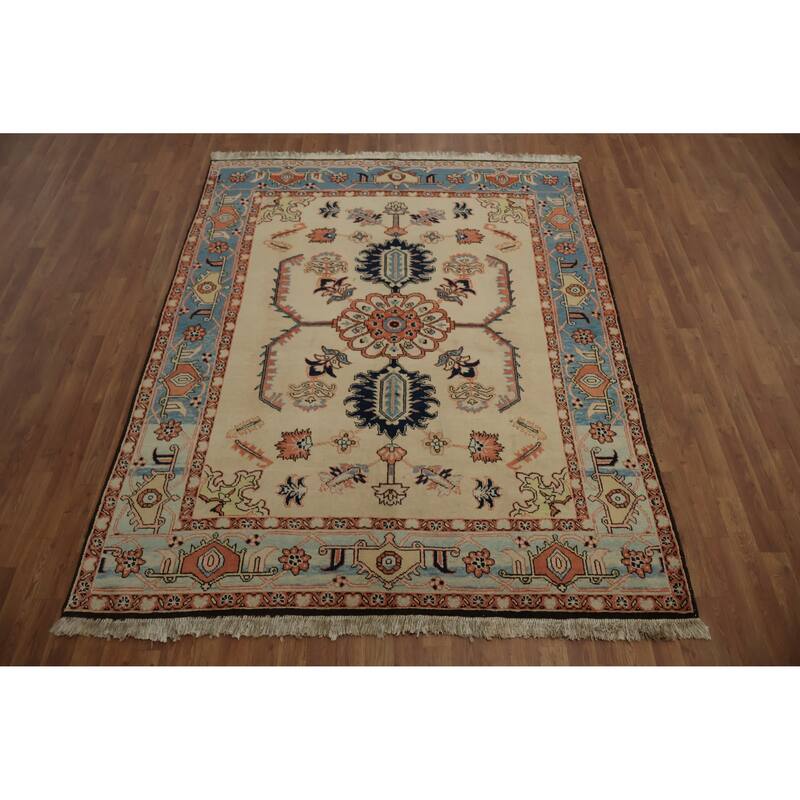 Hand Knotted Oriental 100% Wool Carpet Traditional Floral Beige & Ivories Heriz Area Rug - 8' 1'' X 6' 3''