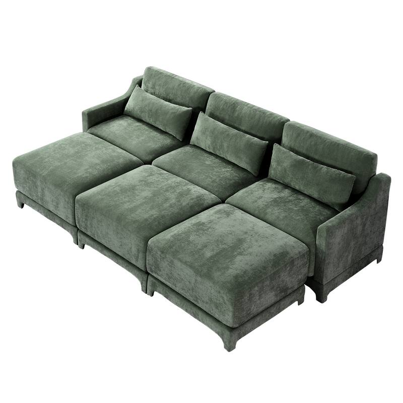 105.9" Chenille Ergonomic 3-Seater Sofa with 3 Movable Ottomans, Lumbar Pillow, and High-Resilience Sponge