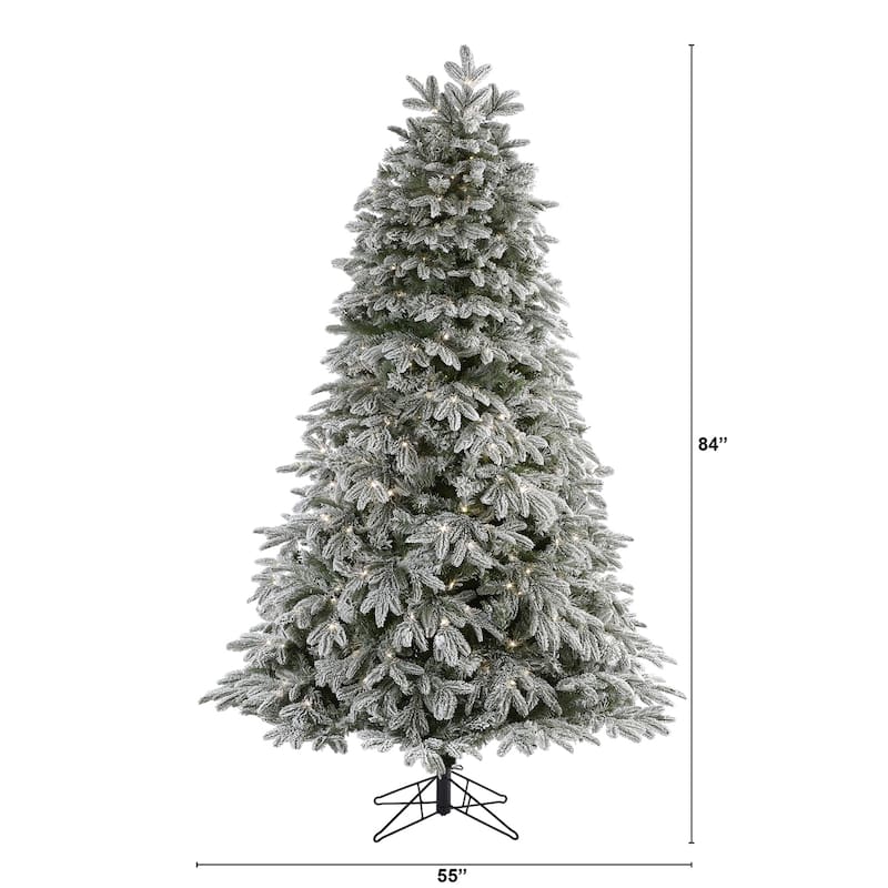 7Ft Flocked Christmas Tree with Warm White Lights - Farmhouse Mountain Fir Holiday Decor - Green - 84