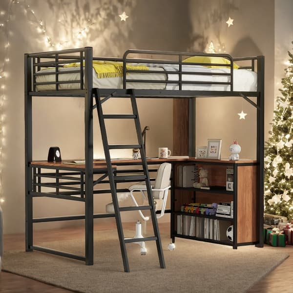 slide 2 of 18, Twin Size Metal Loft Bed with 3 Layers of Shelves and L-shaped Desk for Home Black