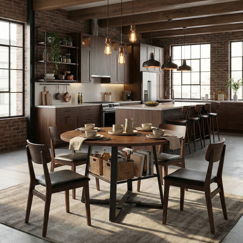 HOMYLIN 47" Extendable Round Dining Table with Storage - Walnut