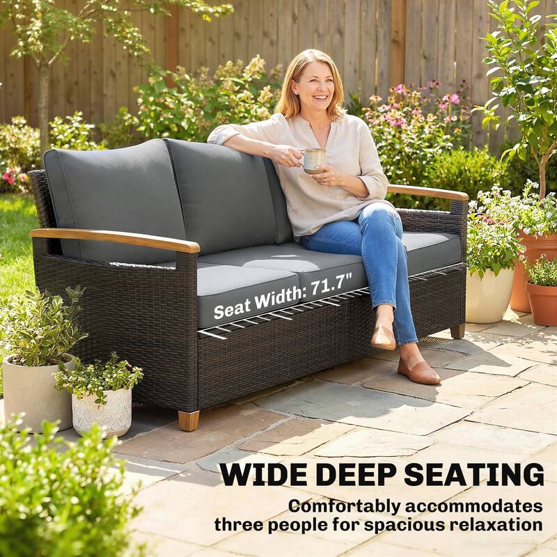 Outsunny 3 Seater Outdoor Couch Sofa, PE Wicker Patio Couch with Wide Deep Seating, 4" Foam Cushions