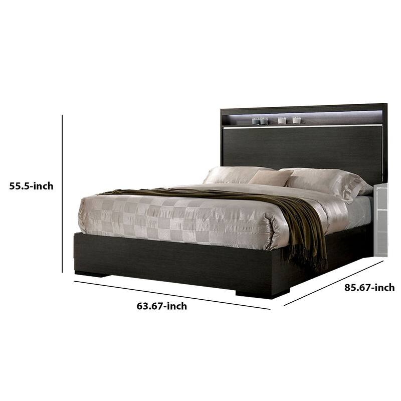 Transitional Wooden Queen Size Platform Bed with Chrome Trim Accents, Gray