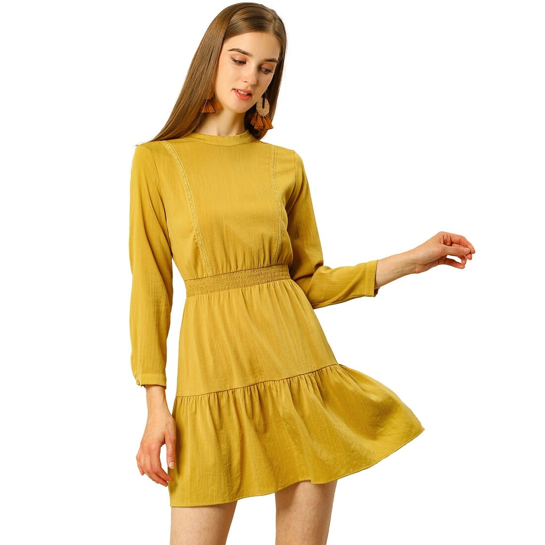 Shop Allegra K Women S Smock Waist Long Sleeve Ruffle A Line Dress