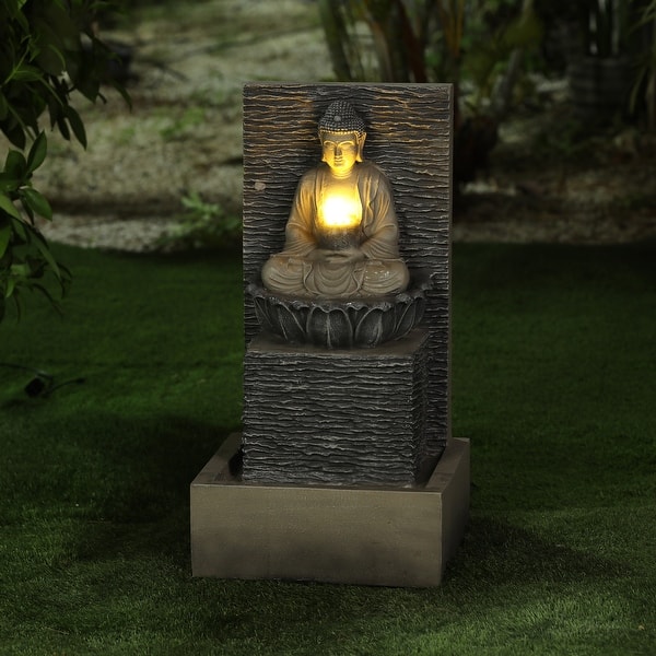 slide 2 of 7, Grey Resin Meditating Buddha on Pedestal Outdoor Patio Fountain with LED Light