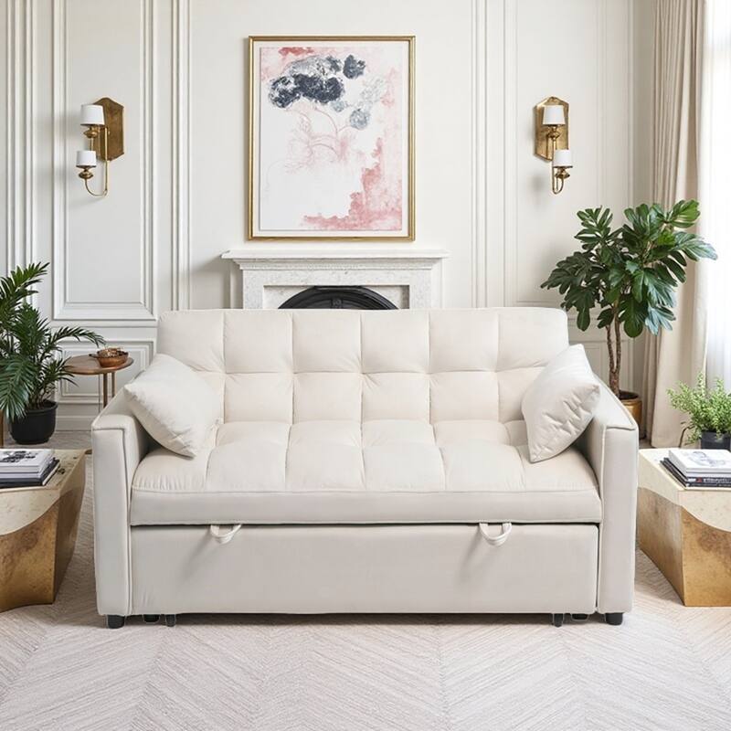 Versatile 3-in-1 Velvet Sleeper Sofa with Storage and Pillows for All Rooms - Cream Color