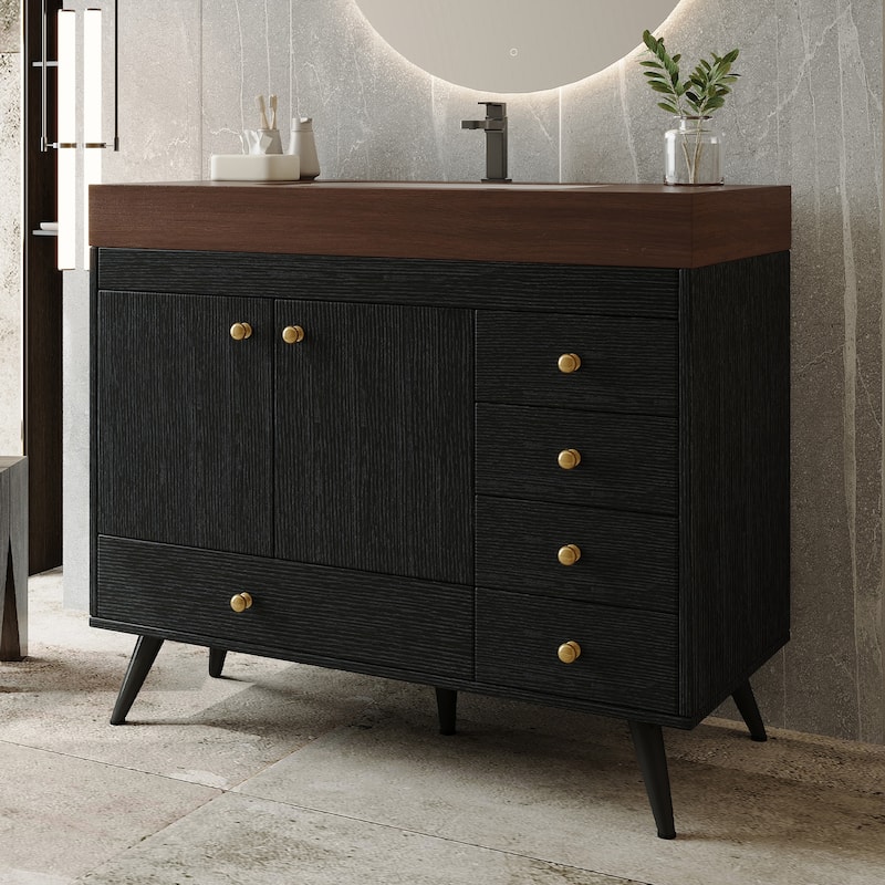 36" Bathroom Vanity with Faux Marble Top & Ceramic Sink, 5-Drawer Storage Cabinet with Stainless Steel Legs