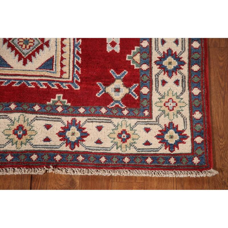 Geometric Red Kazak Oriental Accent Rug Handmade Wool Carpet - 3'3"x 4'6"