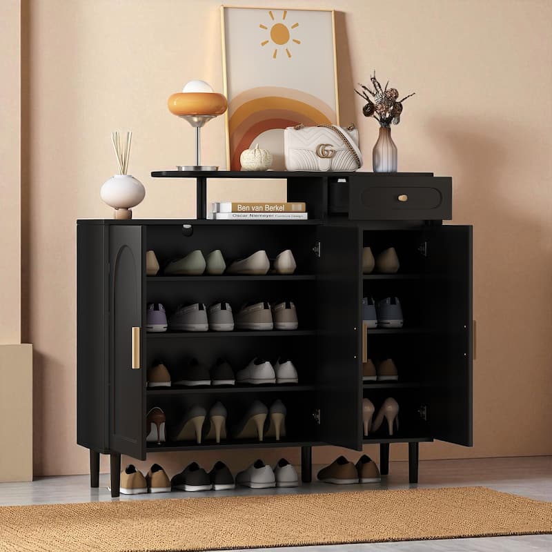 Elegant Entryway Shoe Storage Cabinet with Arched Doors & Drawer, Adjustable Shelves, Solid Wood Legs