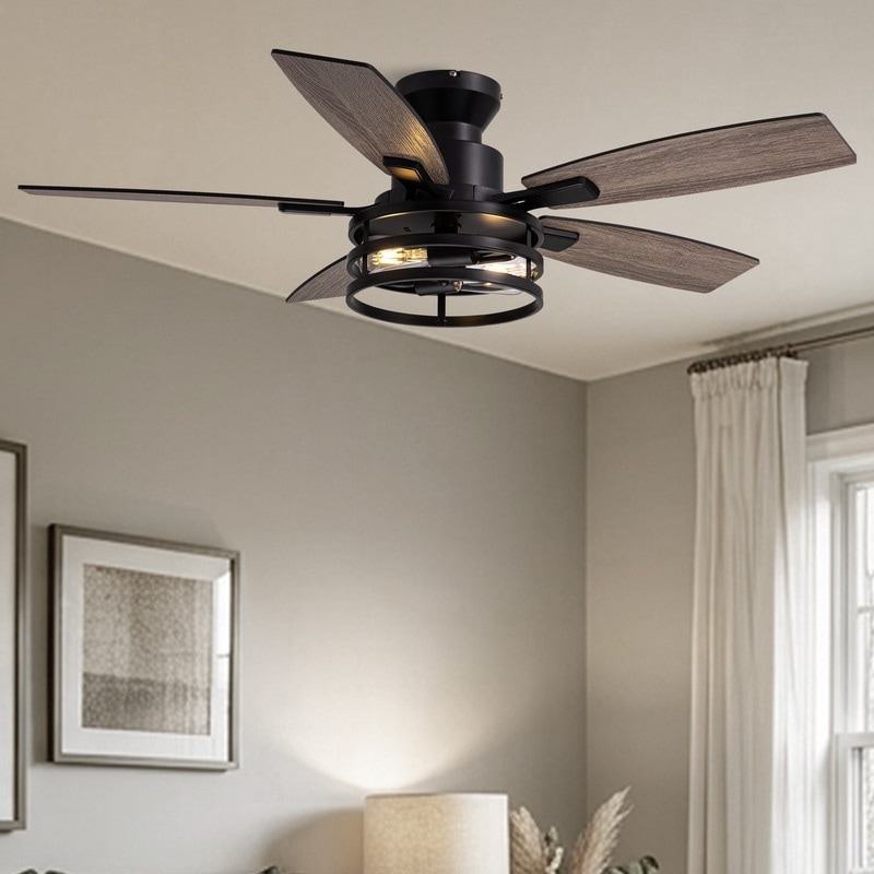 42/46/52in. 2-Light Farmhouse Caged Ceiling Fans With Llights Modern Black Low-profile Flush Mount Ceiling Fans