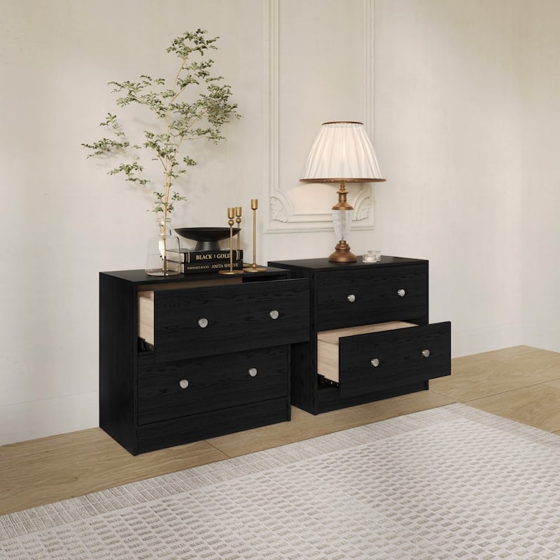 Clayfell Trenton 2-Drawer Nightstand, Set of 2, Modern Side Tables for Bedroom, Brown/Black