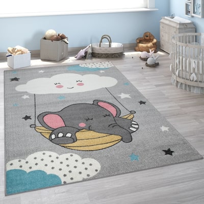 Kids Rug for Nursery with Cute Elephant and Cloud Motif in Grey