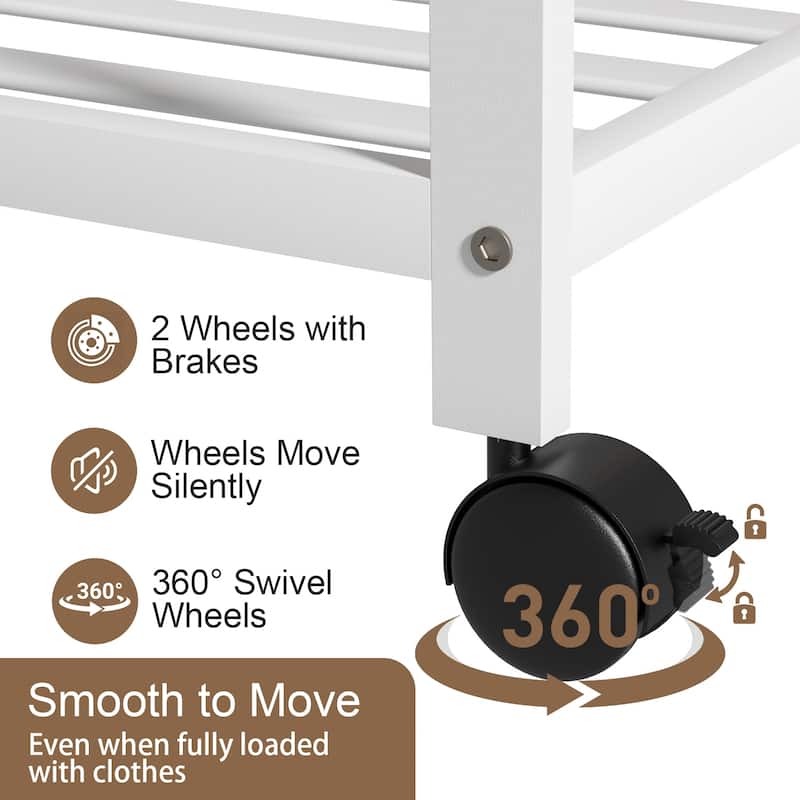 Bamboo Rolling Clothes Rack with Storage Shelves and Hanging Rod - W 30.9" x D 15.75" x H 66.34"