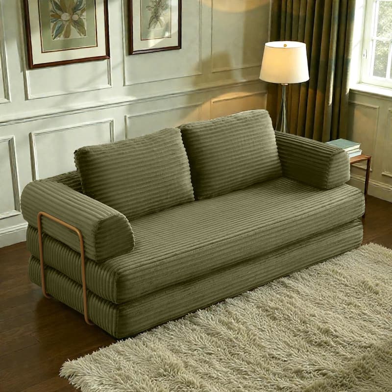 Convertible Sofa Bed Futon, Corduroy Folding Floor Couch with Pillows, Boneless Sleeper Mattress for Living Room