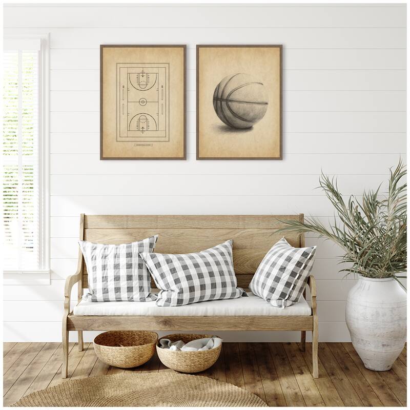 Kate and Laurel Walnut Antique Basketball 2 Piece Framed Canvas Wall Art Set by The Creative Bunch Studio