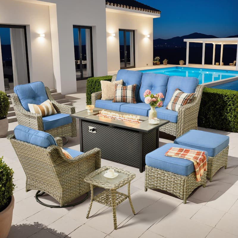 ​​OVIOS 7 Pieces Outdoor Wicker Swivel Chair Set with 54" Fire Table​