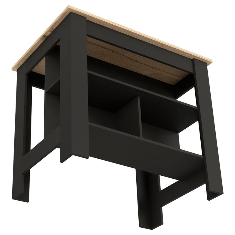 Spacious Kitchen Table Island, 3 Shelves, 35" High, Black & Light Oak Finish