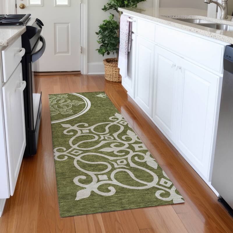 Premium Washable Super Soft Transitional Scroll Mayfield Rug - Olive - 2'3" x 7'6"