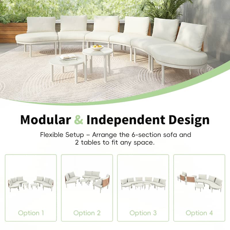 8-Piece Patio Sofa Furniture Set, Half Moon Outdoor Sectional Sofa with 2 High-Low Coffee Tables, PE Wicker Rattan