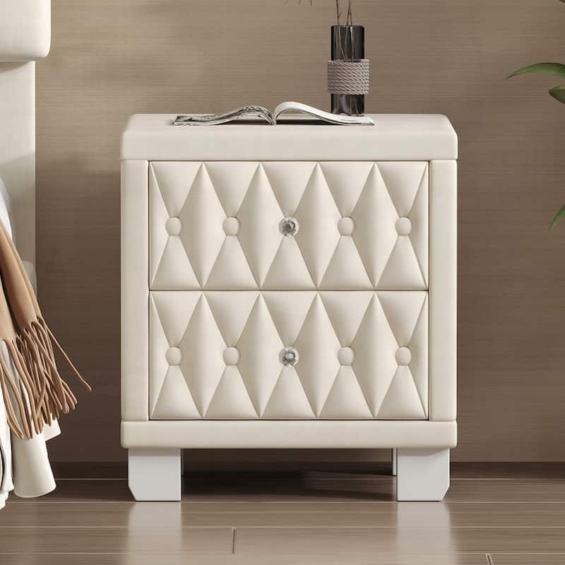Elegant Velvet Nightstand with 2 Drawers and Crystal Handle